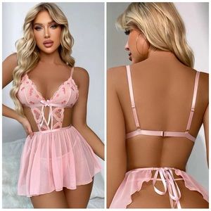 ❤️ Heart Embroidery Bow Front Teddy Bodysuit & Thong